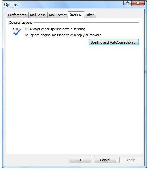 Figure 3 - Tools&ndash;>Options&ndash;>Spelling tab in Outlook 2007