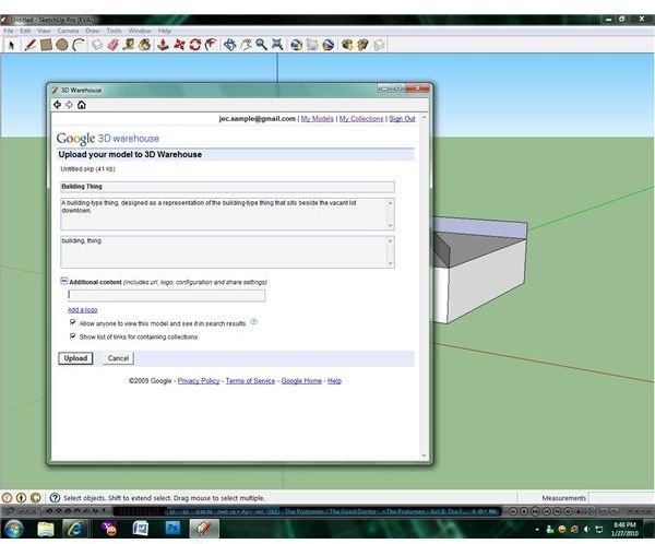 Models can be uploaded directly from within Google SketchUp itself.