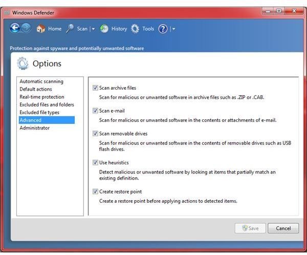 Advanced Options for Windows Defender
