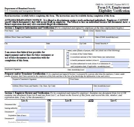 Screenshot I9 Form courtesy US Immigration Service