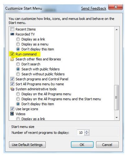 enable windows 7 run command