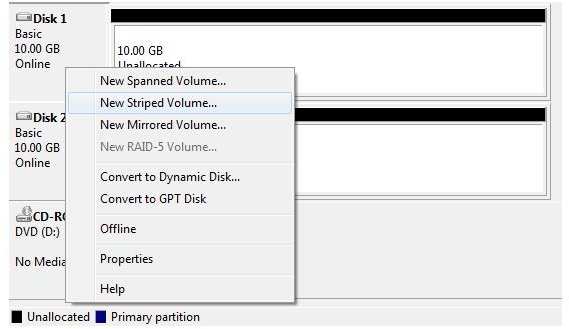 Step 2 - Disk Management Create Striped Volume