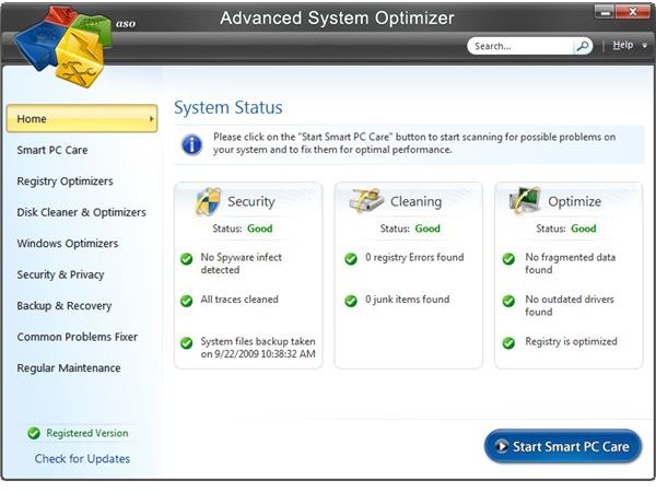 Advanced System Optimizer Home Screen