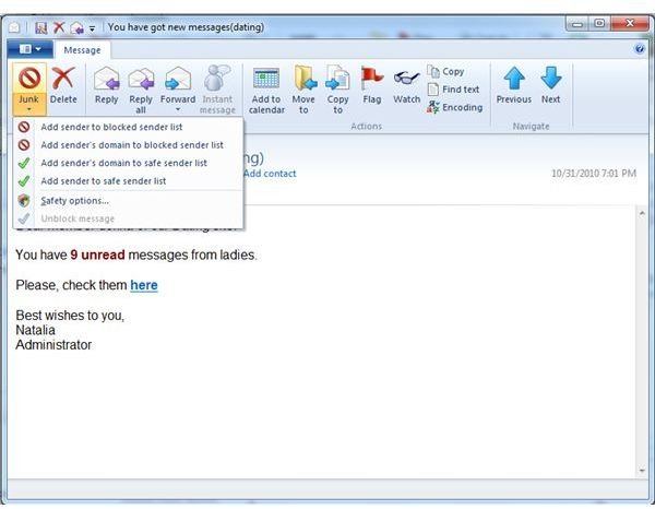 Mark as Junk Option in Windows Live Mail