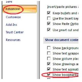 Setting the show bookmarks option