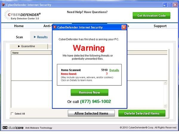 CyberDefender Initial Scan result