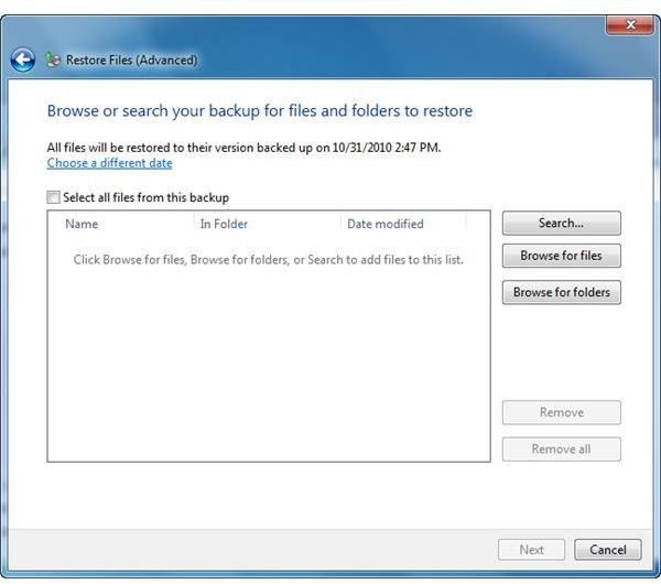 Options what to restore in Windows 7 from Vista backup files