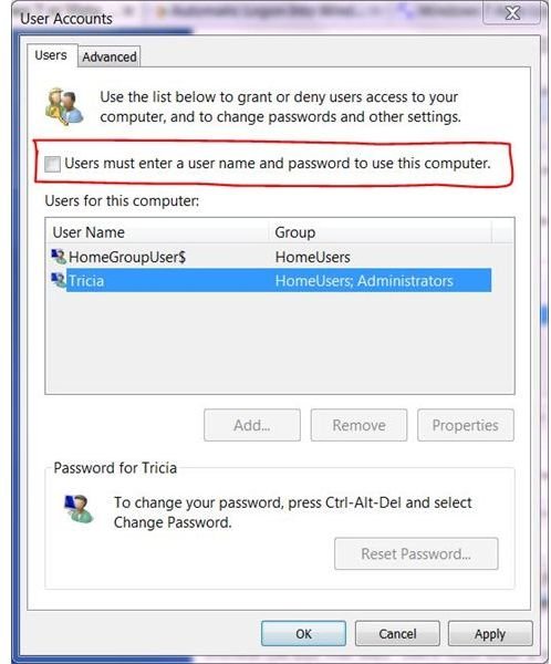 Users Must Enter a User Name and Password to Use This Computer