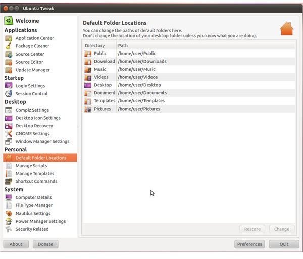 UbuntuTweakPersonalDefaultFolderLocations