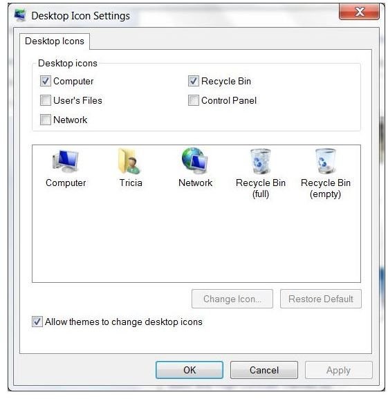 Missing icons Windows 7: Desktop Icons Settings