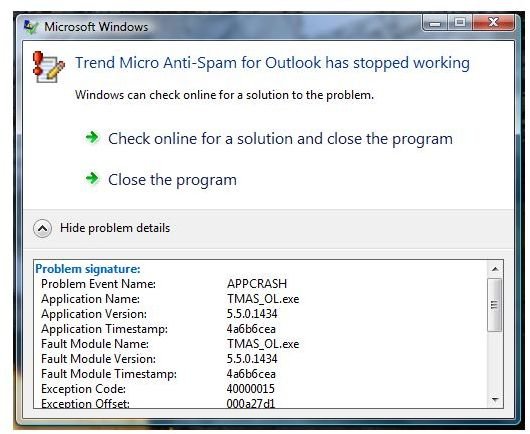 Trend Micro Anti-Spam crashes Outlook