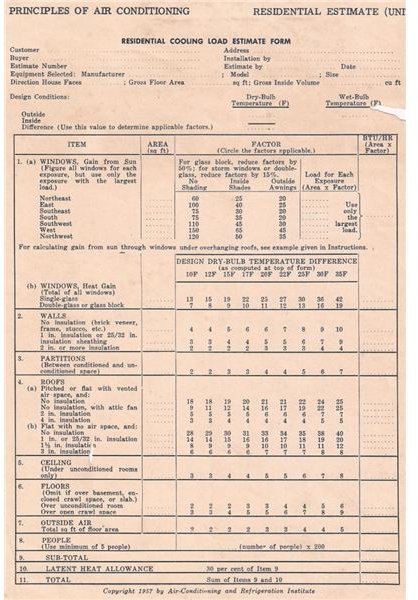 Residential Heat Load Estimate Form: Cooling Load Calculations