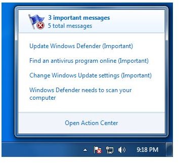 Example WIndows Action Center Messages