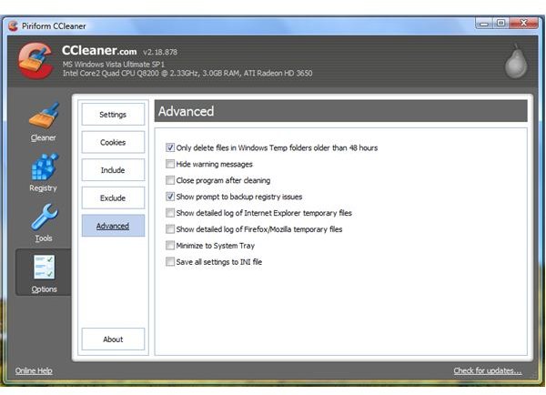 Default Advanced Settings of CCleaner