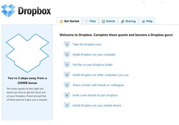 The Dropbox website offers users additional free space for completing Dropbox-related tasks.