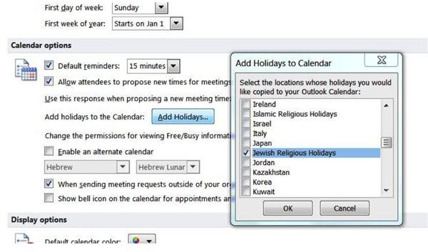 Add Jewish Holidays to Outlook