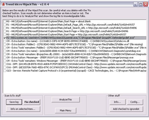 Remove Windows PC Defender virus Using HijackThis