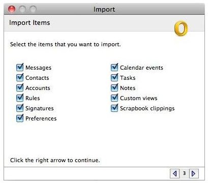 Choose which elements of your Entourage account to import into Outlook