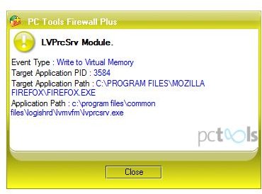 PC Tools Firewall Plus 7 Alert on Logitech Module