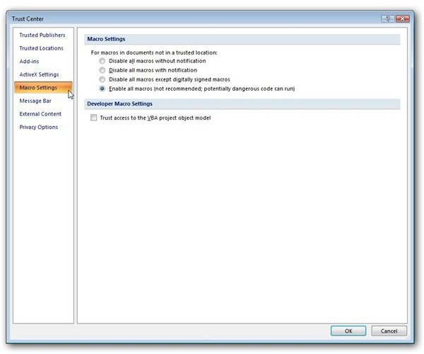 Trust Center Macro Settings