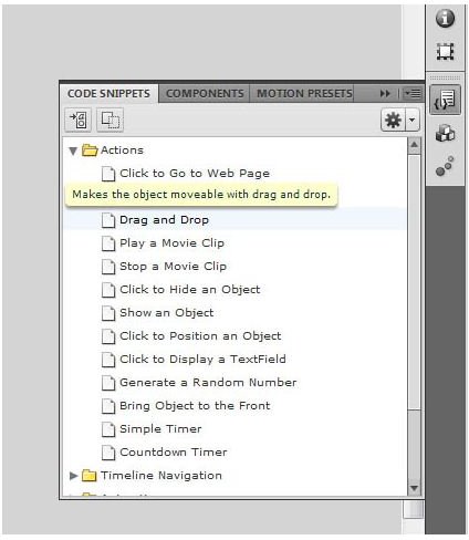 A screen shot of Adobe Flash&rsquo;s new Code Snippet Panel