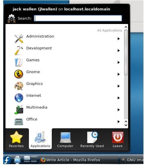 The KDE main menu.