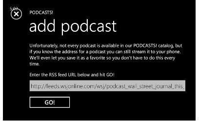 Enjoying the Windows Phone Podcast App - add a podcast