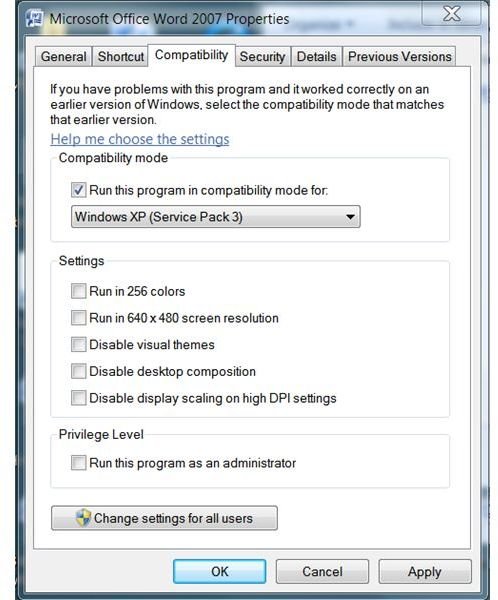 Figure 4 - Windows 7 Compatibility Mode