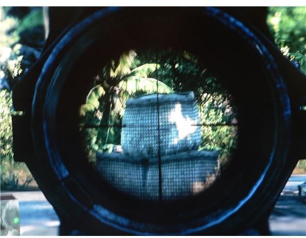 Using an Assault Scope attachment to aim in Crysis.