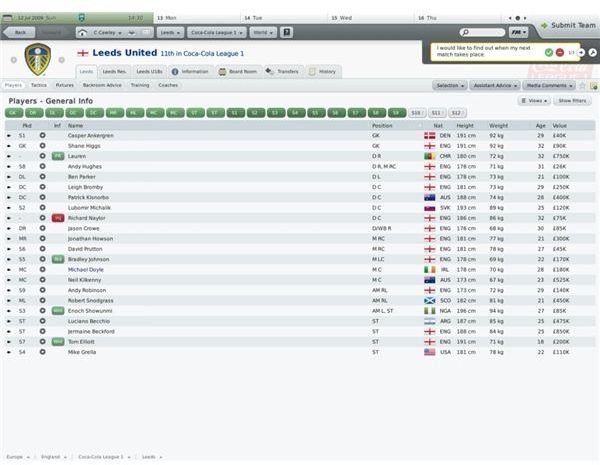 FM 2010 Squad view with information flags visible