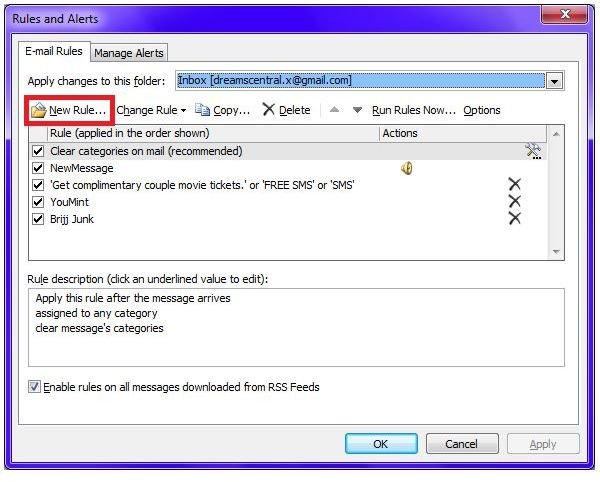Fig 2 - Create an Outlook Rule to Forward Emails by Domain - Rules and Alerts Window