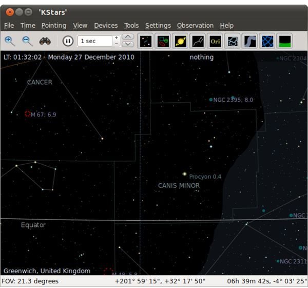 Kstars rendering the stars and constellations as seen above Greenwhich, United Kingdom.