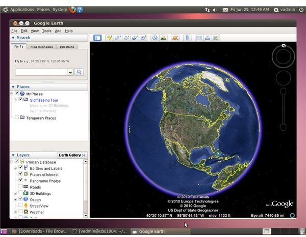 Google Earth showing the world globe on Ubuntu 10.04