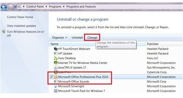 Office 2010 change product key: Control Panel