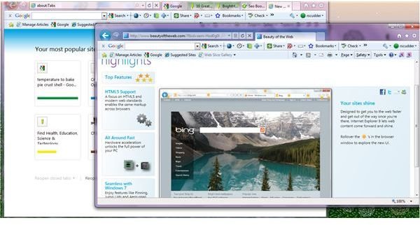 IE9 tabs- pull off tab to create new window for tab- and you can also put the tab back in the original window