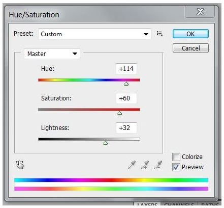 Hue and Saturation settings window