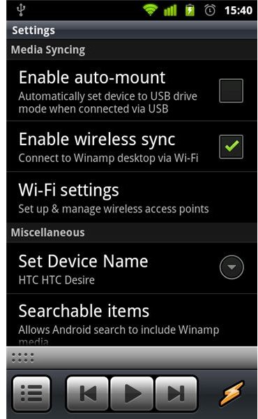 Winamp WiFi Synching Settings Screen