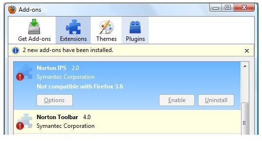Norton Add-ons isn&rsquo;t compatible in FF v3.6