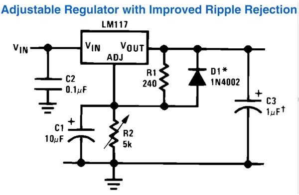 LM317 Adjustable Regulator with Improved Ripple Rejection Circuit Diagram, Image