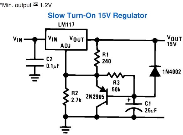 LM317 Slow Turn-On 15V Regulator Circuit Diagram, Image