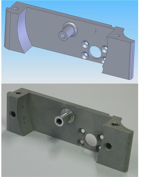 Example of Computers use, CAD image and finished component using programmrd CNC machine from Wikipedia by Mike1024