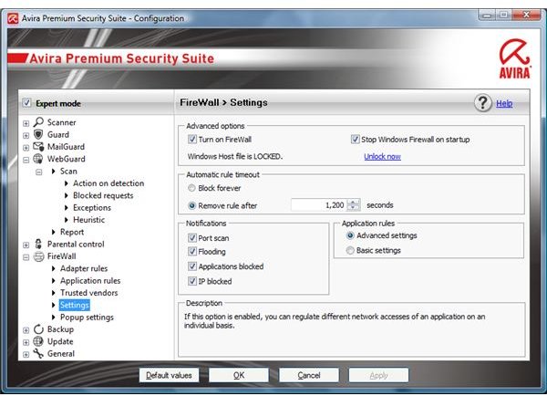 Firewall Settings in Avira Premium Security Suite