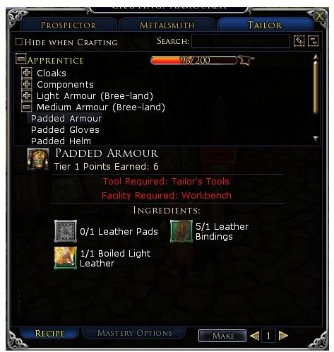 Getting Started in LOTRO Crafting: The Crafting Window and Proficiency Tier Levels