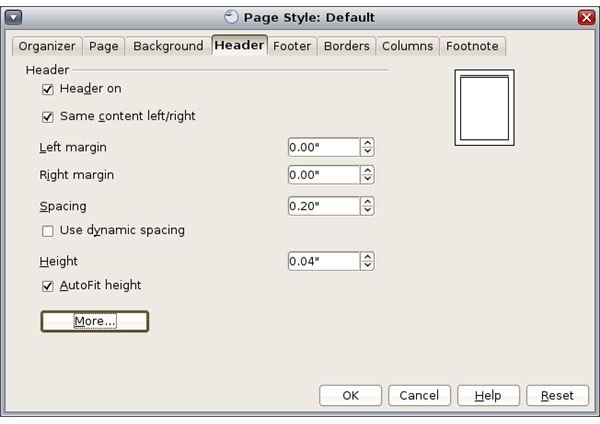 Open Office Header options (in page setup)