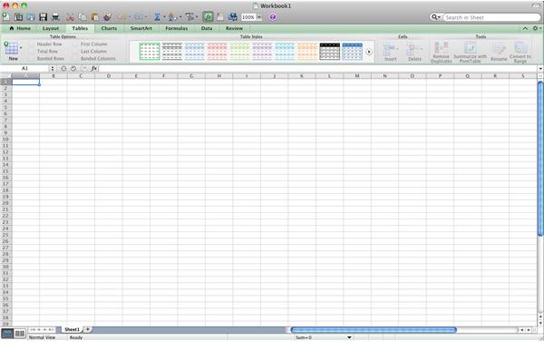 Excel for Mac 2011 Tables Tab