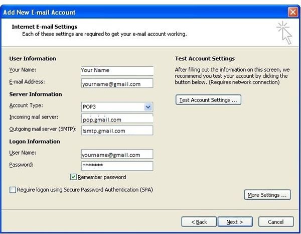 Gmail Outlook Settings Configure Gmail for Outlook 2003