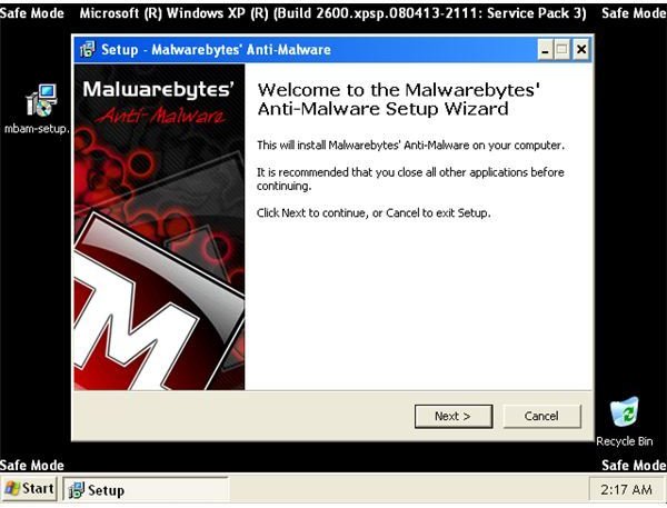 Installation Wizard of Malwarebytes in Safe Mode