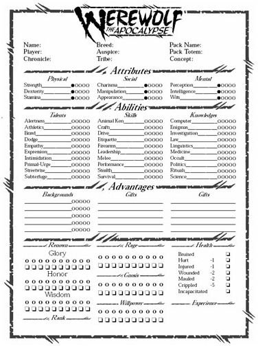 Werewolf the Apocalypse Character Sheet