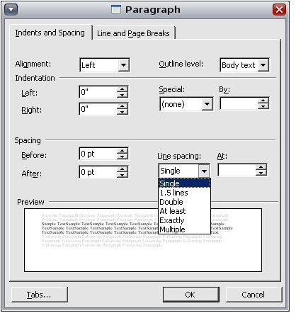 MS Word line-spacing options