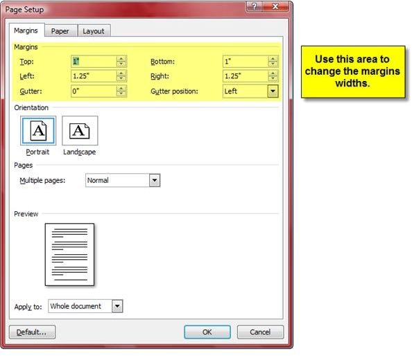 how to set default page layout in word 2007